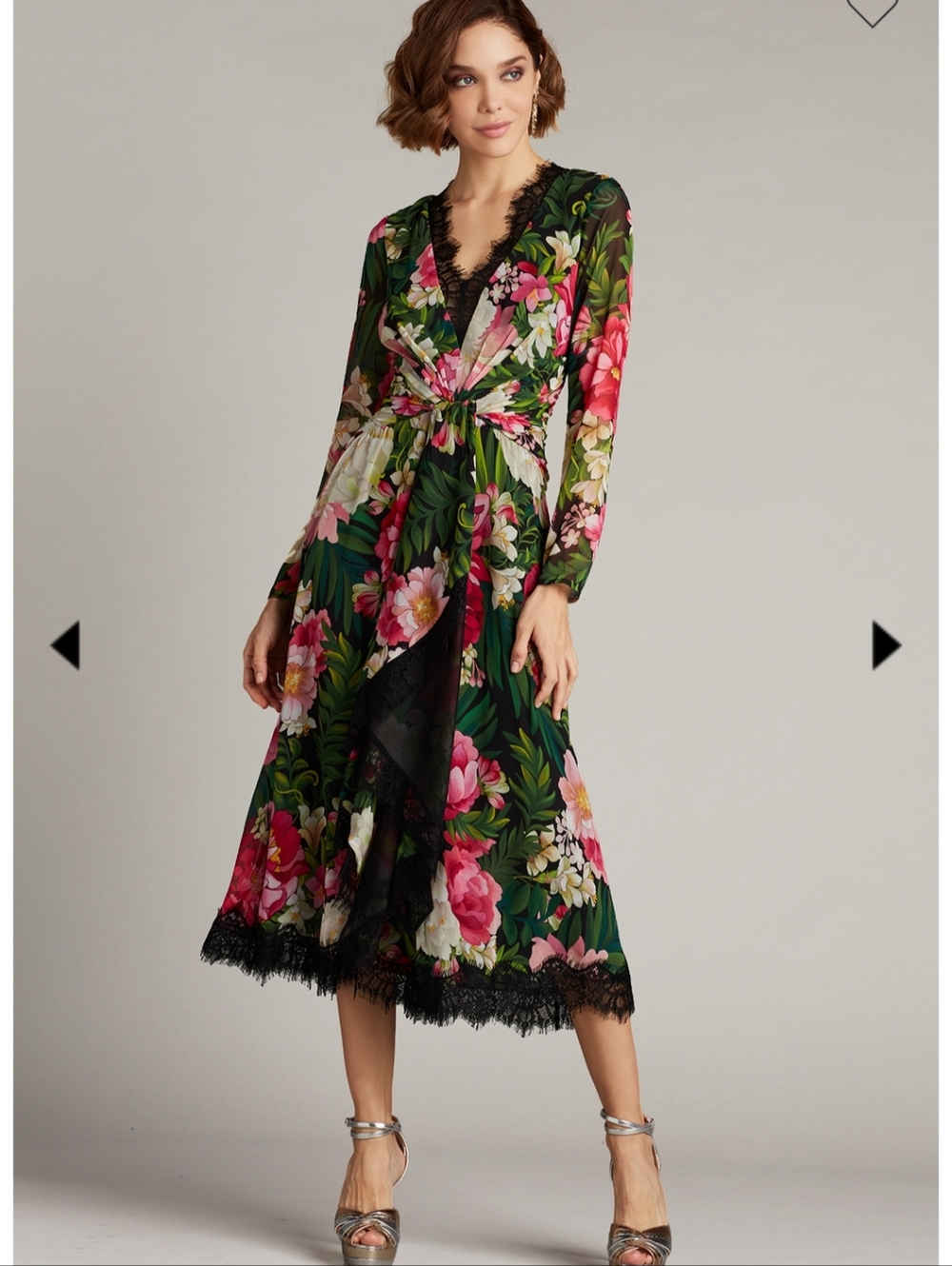 NWT $529 Tadashi Shoji Iola Floral Print Wrap Dress black lace trim size 2